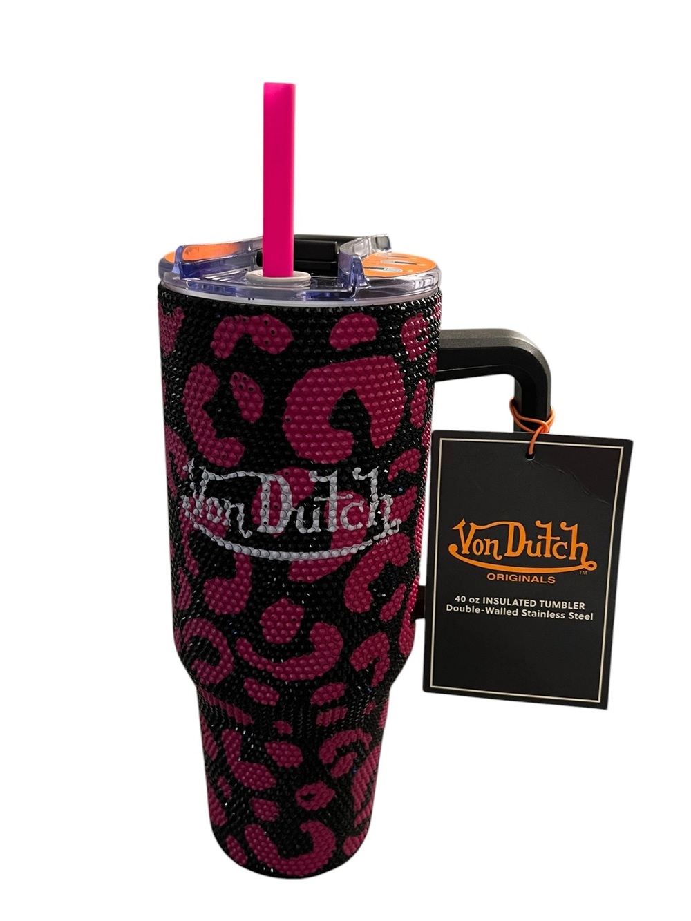 Von Dutch Pink Black Leopard Rhinestone 40oz Insulated Tumbler Bling - NWT